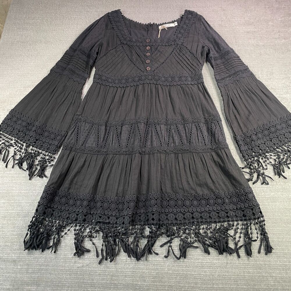 American Eagle Outfitters Black Long-Sleeve Crochet Tassel Dress